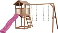 AXI Beach Tower Spielturm aus Holz in Braun | Spielhaus für Kinder mit lila Rutsche, Doppelschaukel und Sandkasten | Stelzenhaus für den Garten