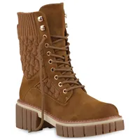 VAN HILL Damen Leicht Gefütterte Plateau Boots Stiefeletten Strick Schuhe 839707, Farbe: Hellbraun, Größe: 38