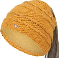 Faera Damen Wintermütze Zopfmütze Zopfloch Loch Zopf Beanie Mütze Strickmütze 72, Farbe:Senf