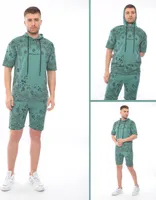 Herren Jogginganzug mit Short Trainingsanzug Sportanzug mit Kapuze, Grün/L