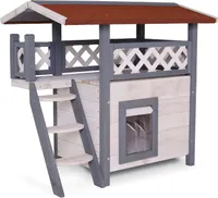 lionto Katzenhaus Lodge aus Holz mit Terrasse und Treppe, 77x50x73 cm, grau-weiß