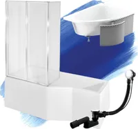 BADLAND Eckbadewanne Badewanne Integra LINKS 150x75 mit Glasabtrennung, Ablaufgarnitur, Füßen und Styroporverkleidung GRATIS