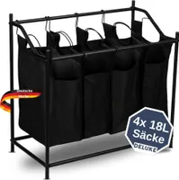 DELUKE® Wäschekorb 4 Fächer - 4x18 L Taschen | Wäschesammler 4 Fächer, Abnehmbare Wäschesäcke, Metallgestell, für Waschküche Wäschekorb Wäschestation | 75 x 78 x 40 cm, Schwarz