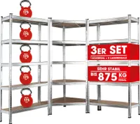 EASYmaxx Schwerlastregal 3er-Set - 1x Schwerlast-Eckregal/2x Schwerlastregal - silber/holzfarben