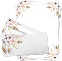 50 Briefpapiere und Briefumschläge SET | Vintage Blumen Feder | Papier und Umschlag mit Design-Motiv bedruckt | 90 g/m²