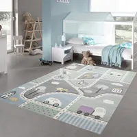 Kinderteppich Straßenteppich Lernteppich Junge mit Straßen und Autos blau grün Größe - 200 x 290 cm