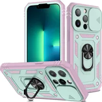 iPhone 13 Pro Hülle, Schiebe Kamera Schutz Robust Rüstung Stoßfest Schutzhülle mit Ringhalterung Ständer Kartenhalter für iPhone 13 Pro Weiß