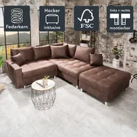 riess-ambiente Moderne Wohnlandschaft KENT 220cm braun Federkern inkl. Hocker und Kissen Sofa Couch Ecksofa  Eckcouch