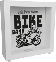 Bike Bank Rahmen Spardose aus Holz in schwarz zum Thema Motorradkauf und