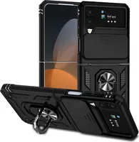 Galaxy Z Flip4 Hülle mit Schiebe Kamera Schutz und Ringhalter Ständer Robust Rüstung Schutzhülle für Samsung Galaxy Z Flip 4 5G Schwarz
