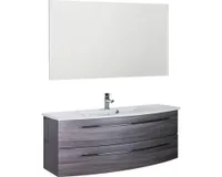 Badmöbel-Set Marlin 3040 Frontfarbe Kastanie graphit Holzdekor 3-teilig mit Keramik-Waschtisch weiß BxHxT 121 x 198,2 x 51 cm mit Spiegel