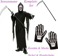 Kinder Komplett Set Sensenmann Kostüm + Skelett Handschuhe & Sichel # Gr. 158