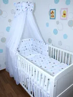 Primawela Baby Bettset - 6 teiliges Set mit Chiffon Himmel Bettwäsche Nestchen 14. Star Blau