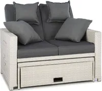 blumfeldt Komfortzone - Gartensofa, Terrassen-Sofa, Rattan-Sofa, 2 Personen, Sitzpolster, stabiles Stahlrohr, ausziehbarer Fußteil, klappbare Rückenlehne, bis 200 kg, inkl. 2 x Kissen, weiß