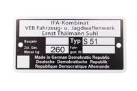 Typenschild für Rahmen Simson S51 - IFA Kombinat VEB Fajas Suhl bis Baujahr 1990