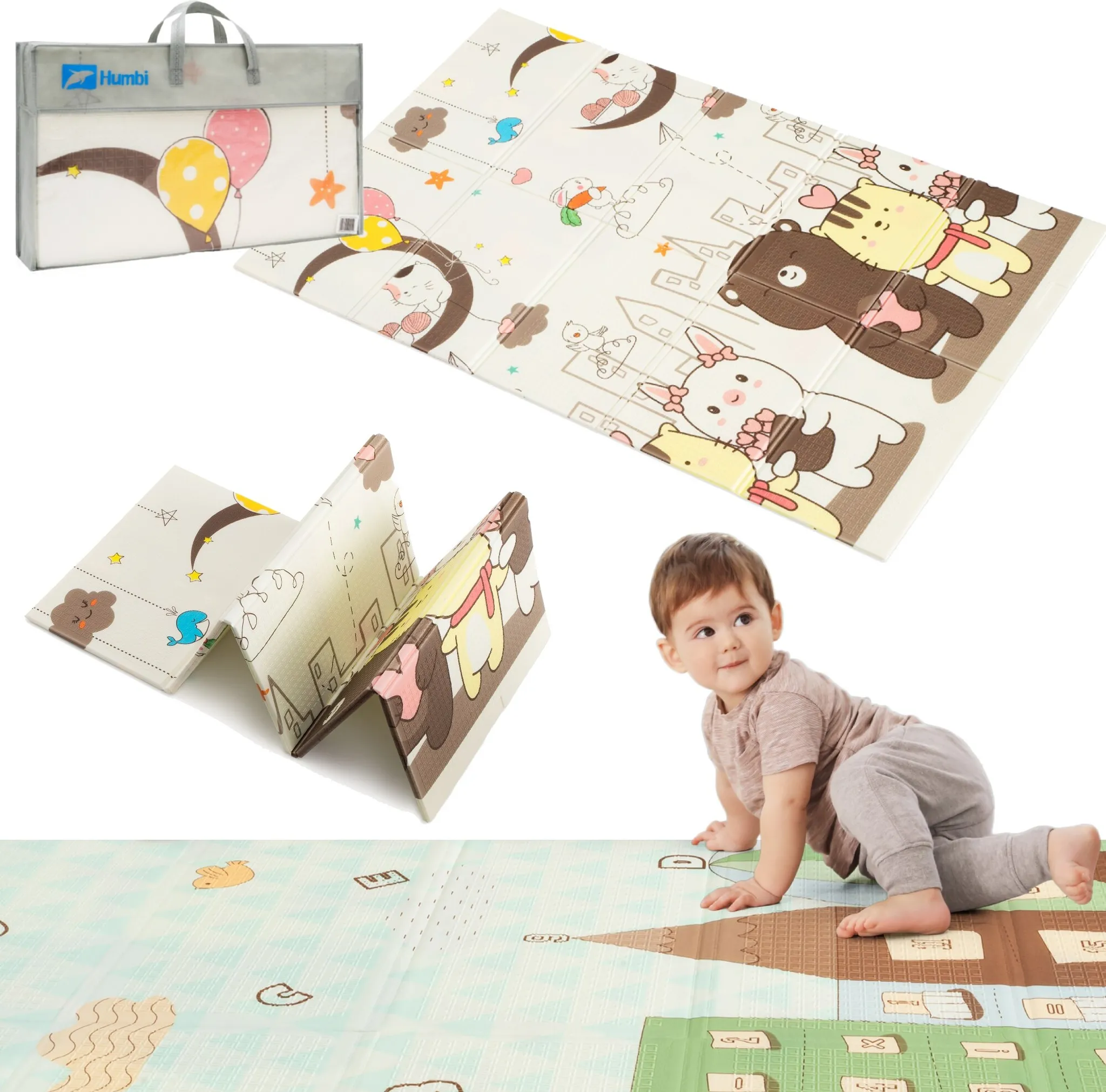 Tappetino In Schiuma XPE Mamabrum Per Bambini, 180x120x1 Cm, Pieghevole, Reversibile Con Motivi Foresta E Strade, Adatto Per Gattonare E Giocare