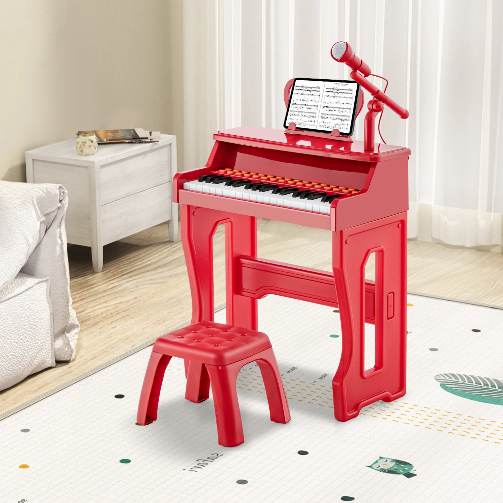 Piano Numérique Enfant 37 Touches 2 En 1 COSTWAY – Bleu | Clavier + Tabouret + Micro Réglable | Jouet Musical Éducatif Dès 3 Ans Avec Démo & Enregistrement