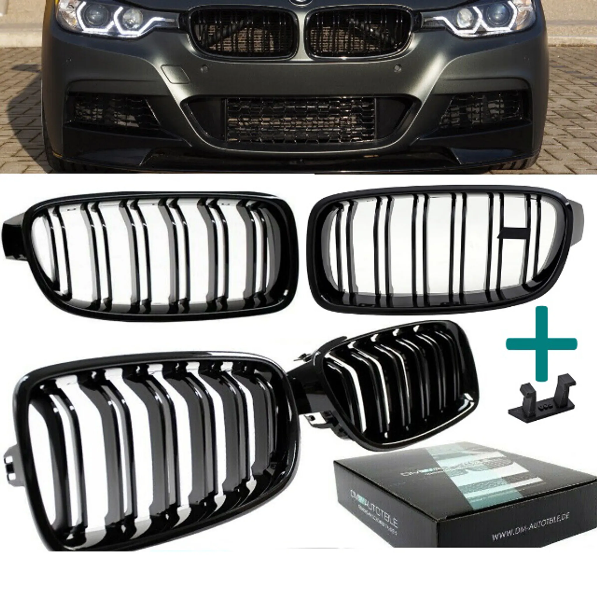 2x Kühlergrill Schwarz Glanz Doppelsteg +Emblemhalter passend für BMW 4er  F32 F33 F36 auch M4