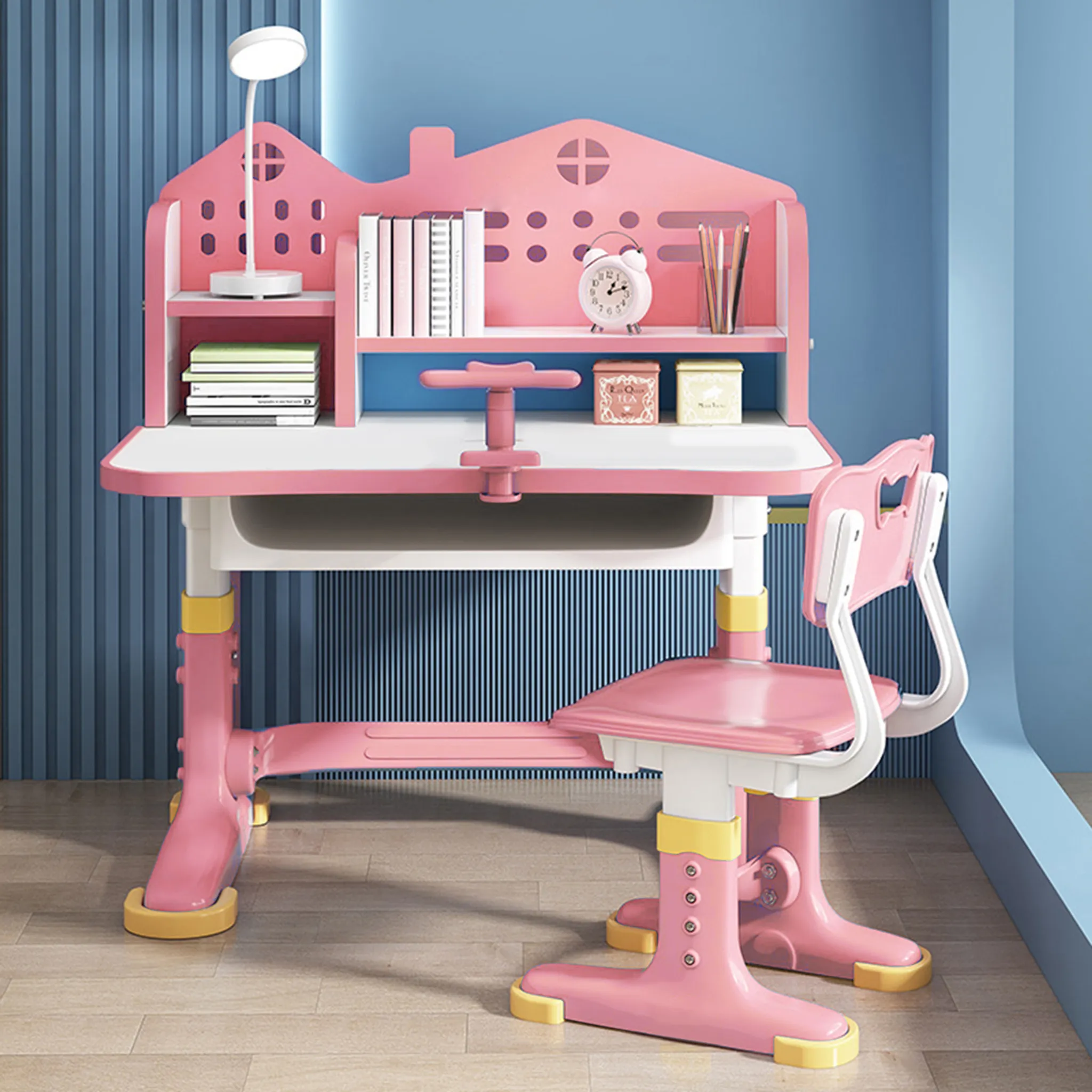 COSTWAY Kinderschreibtisch-Set Mit Stuhl – Aus Holz, Mit Schublade & Regal, 85 Cm (Weiß)
