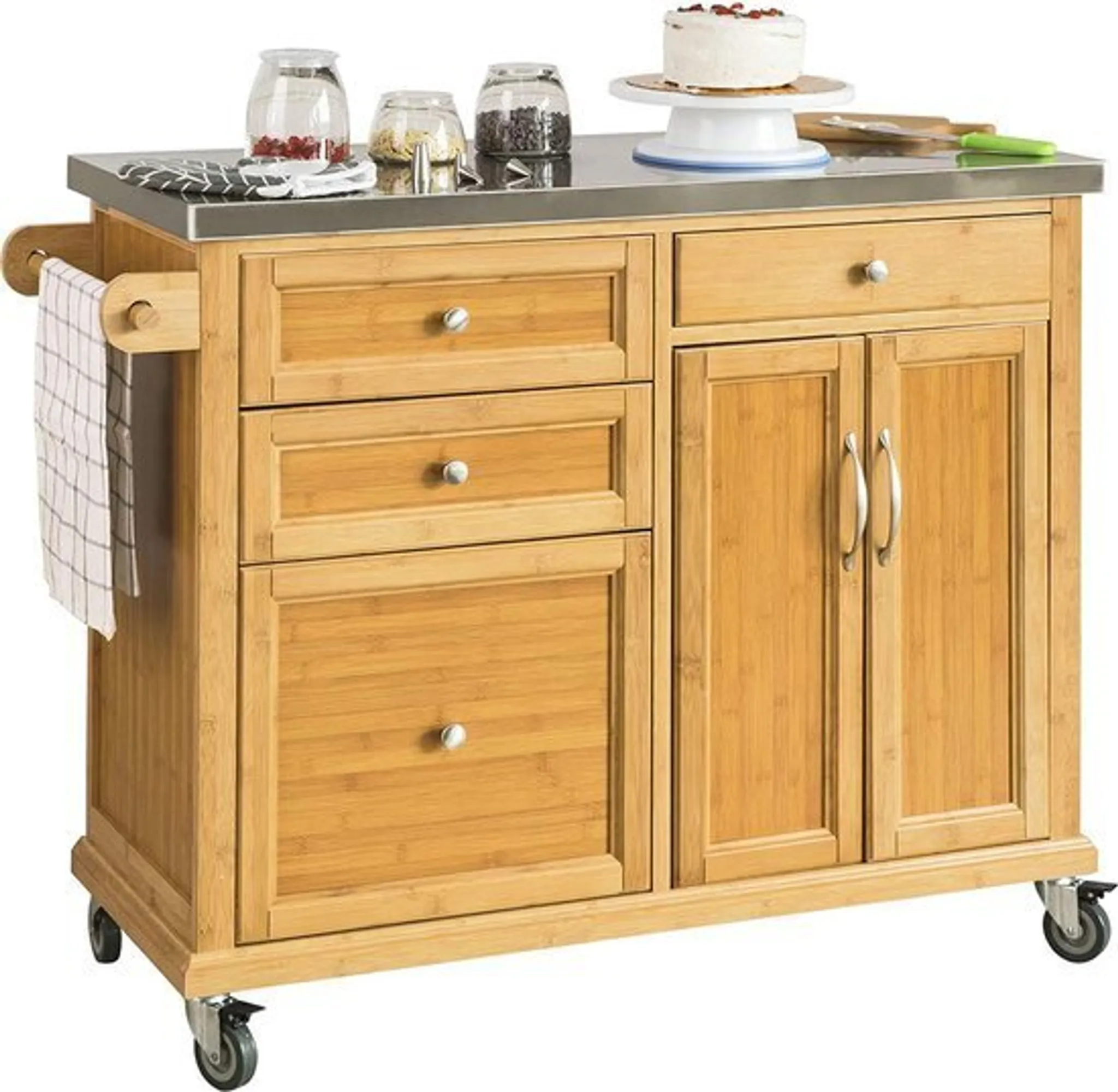 COSTWAY Carrello Da Cucina Con Piano In Legno Di Gomma, Cassetto E Porta Asciugamani, Ruote Bloccabili 65x48,5x87,5 Cm
