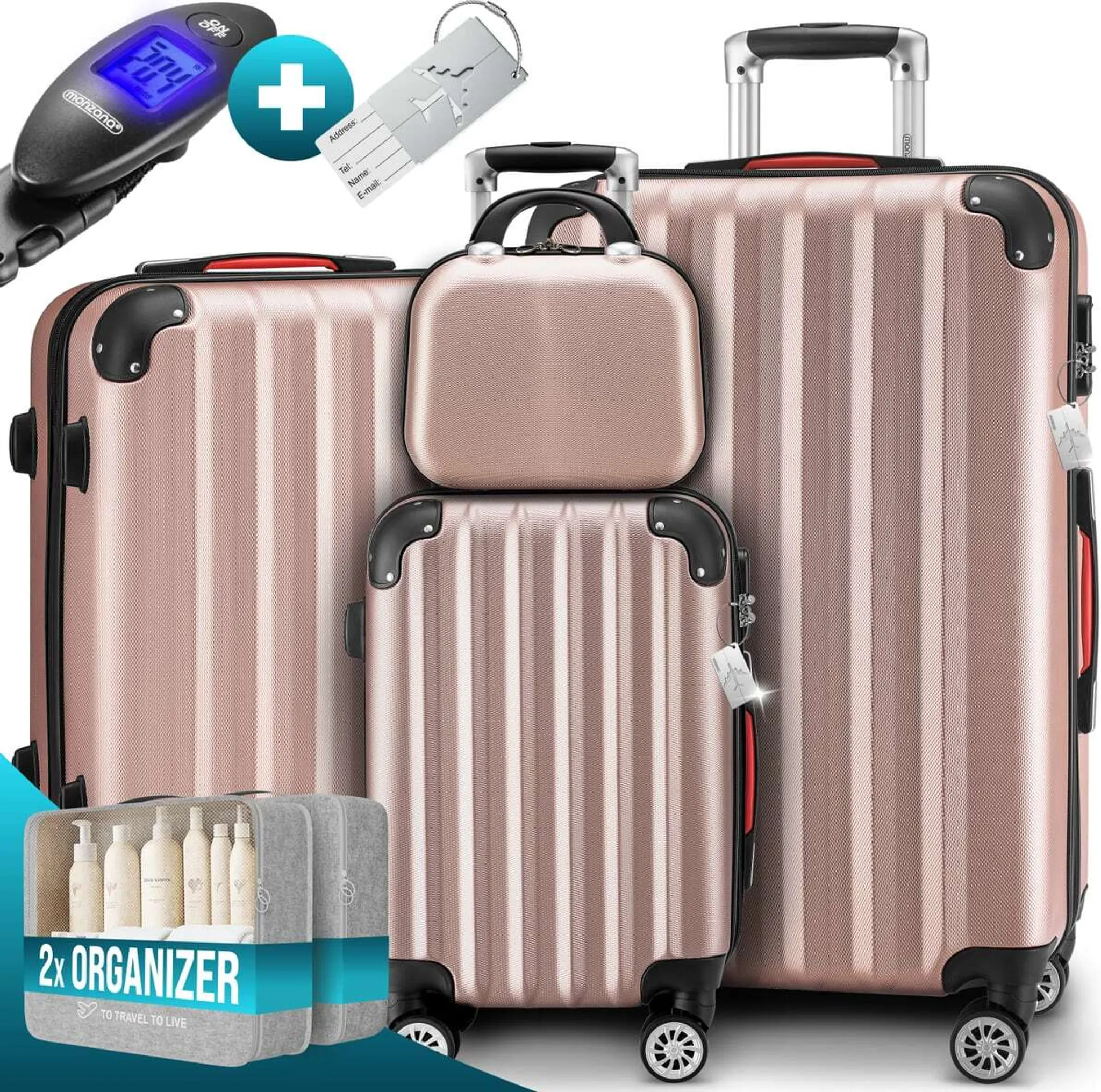 MONZANA® 4tlg. Kofferset mit Beautycase, Rose – M-L-XL –