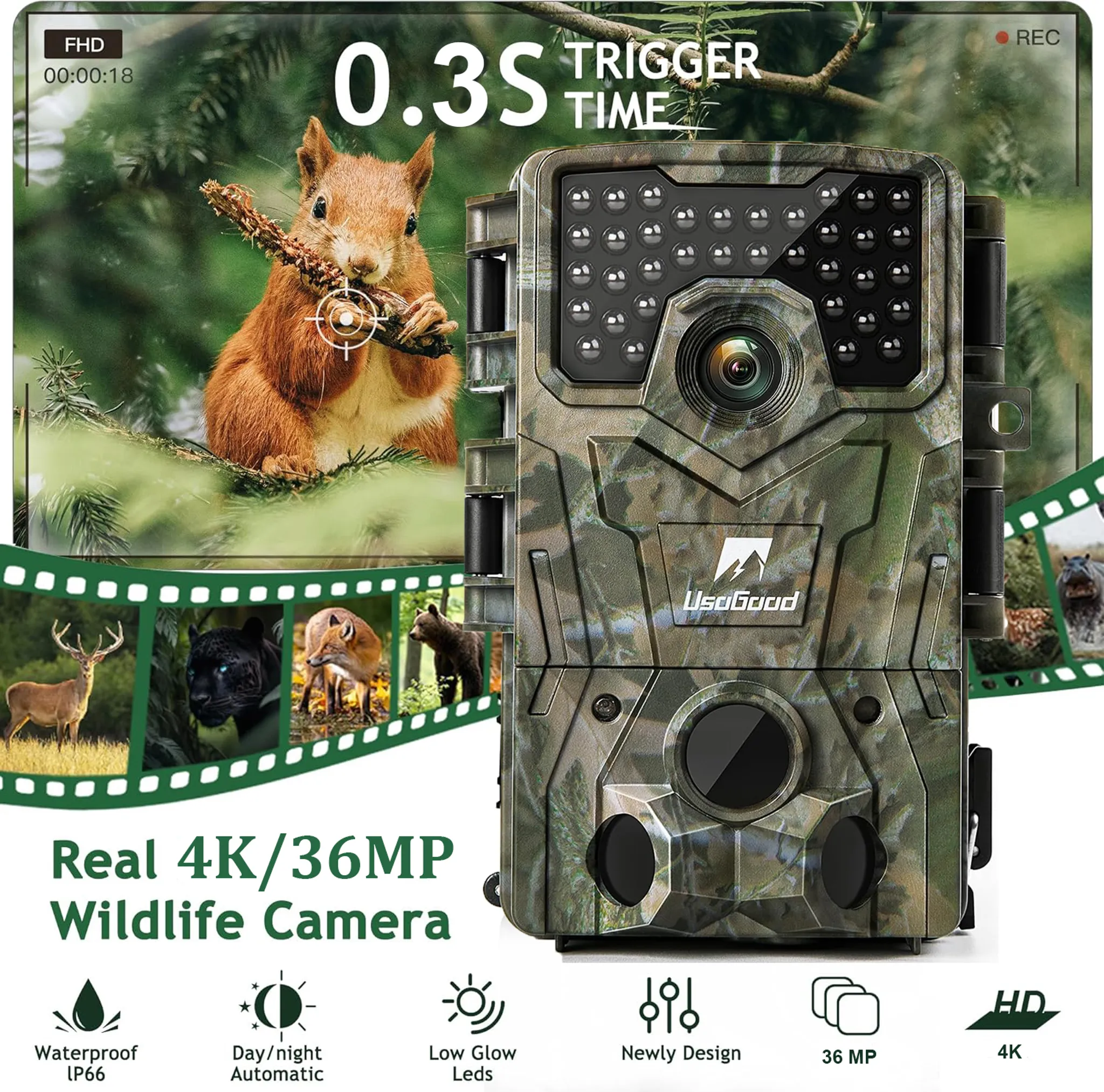 Wildkamera 36MP 4K Wasserdicht Tierkamera mit 32G