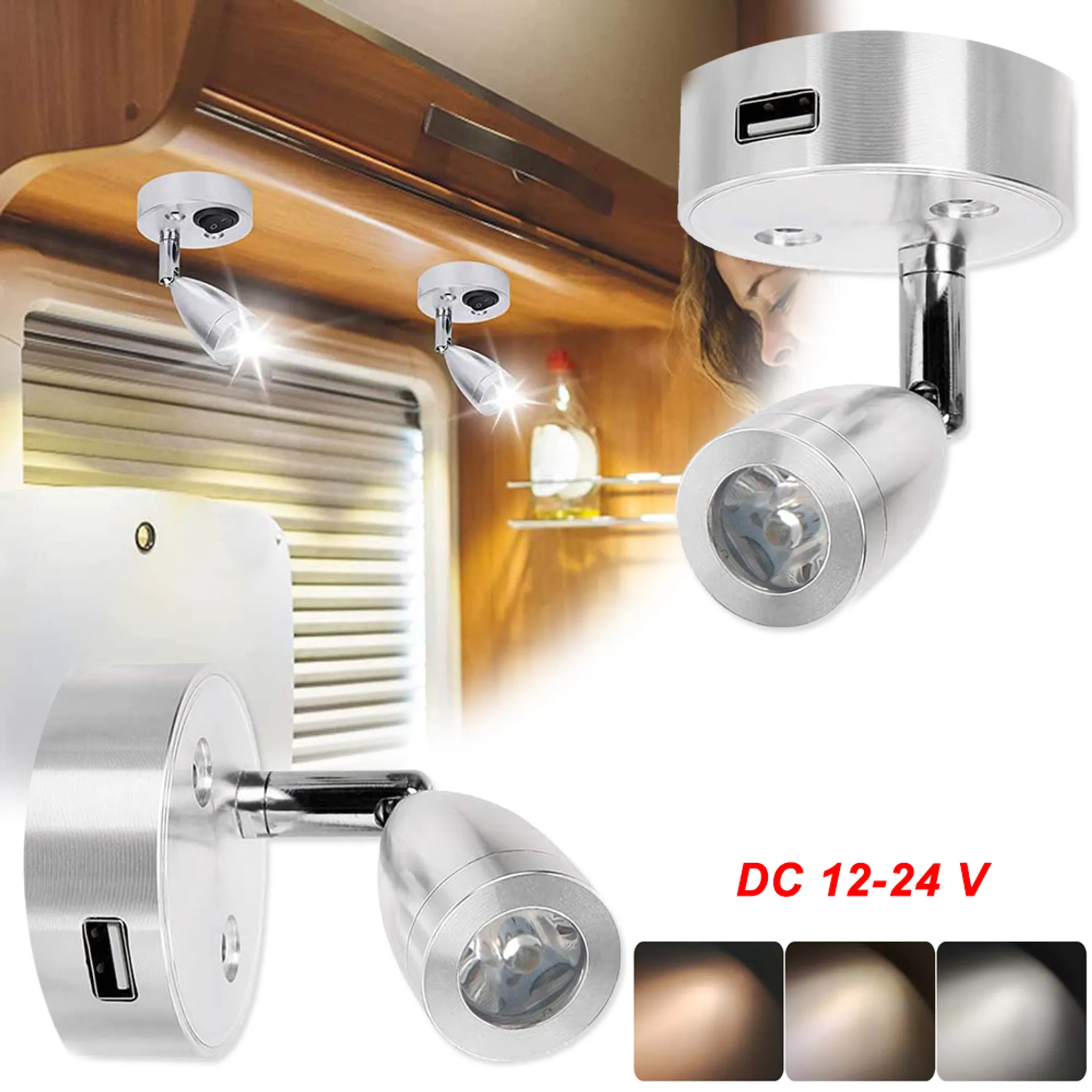 12V-24V LED-Spot-Leselicht mit USB, 3w RV Innenbeleuchtung