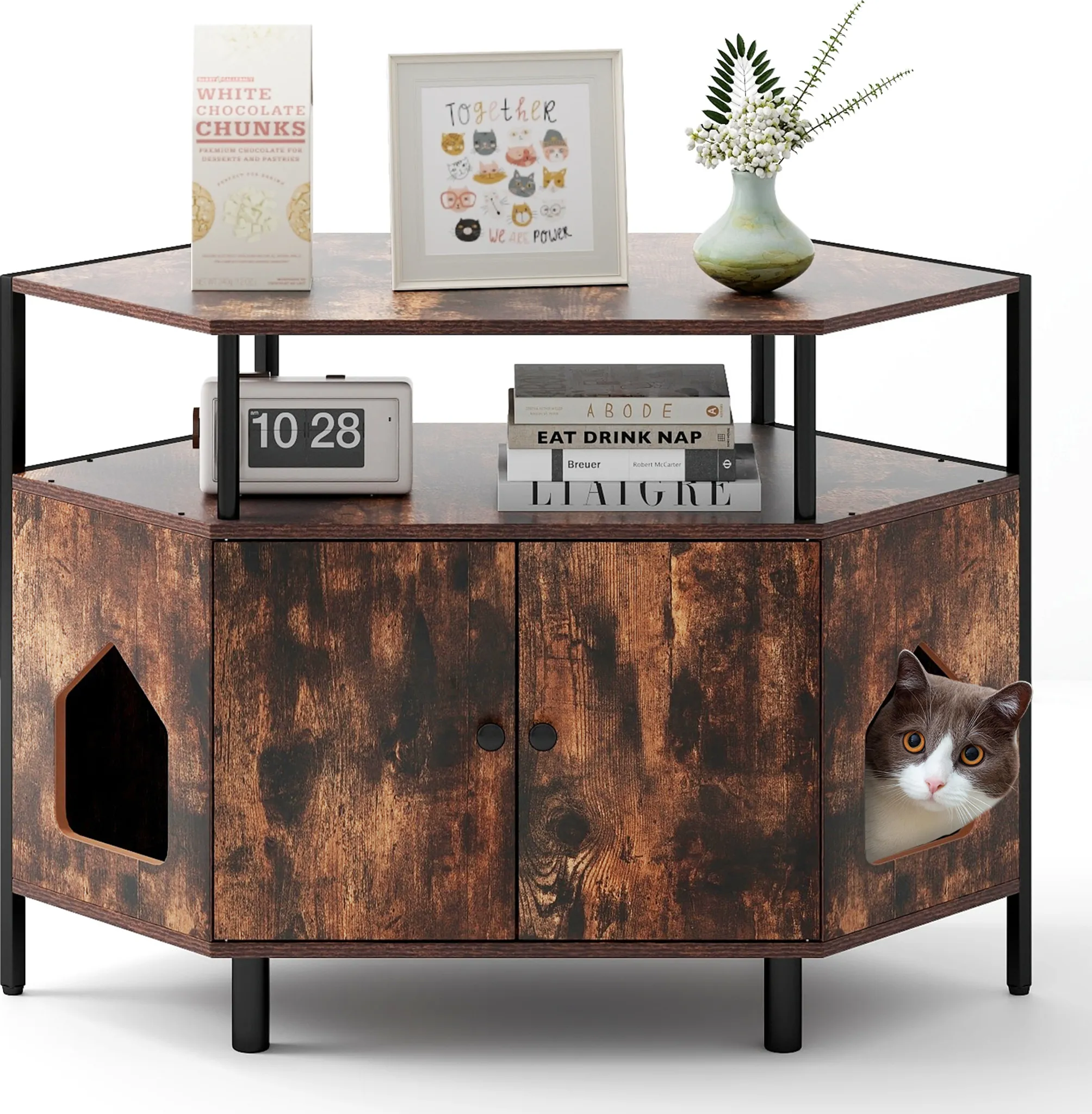 PawHut 2-in-1 Katzenklo Schrank Mit Kratzbaum – Rustikal Braun, 80x48x152 Cm, Für Katzen Bis 6 Kg, Inkl. Klapptür & Regal