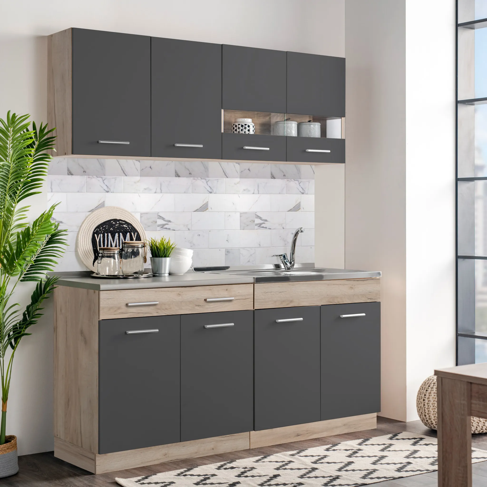Homestyle4u Küchenzeile 160 cm ohne Geräte Küchenblock Grau
