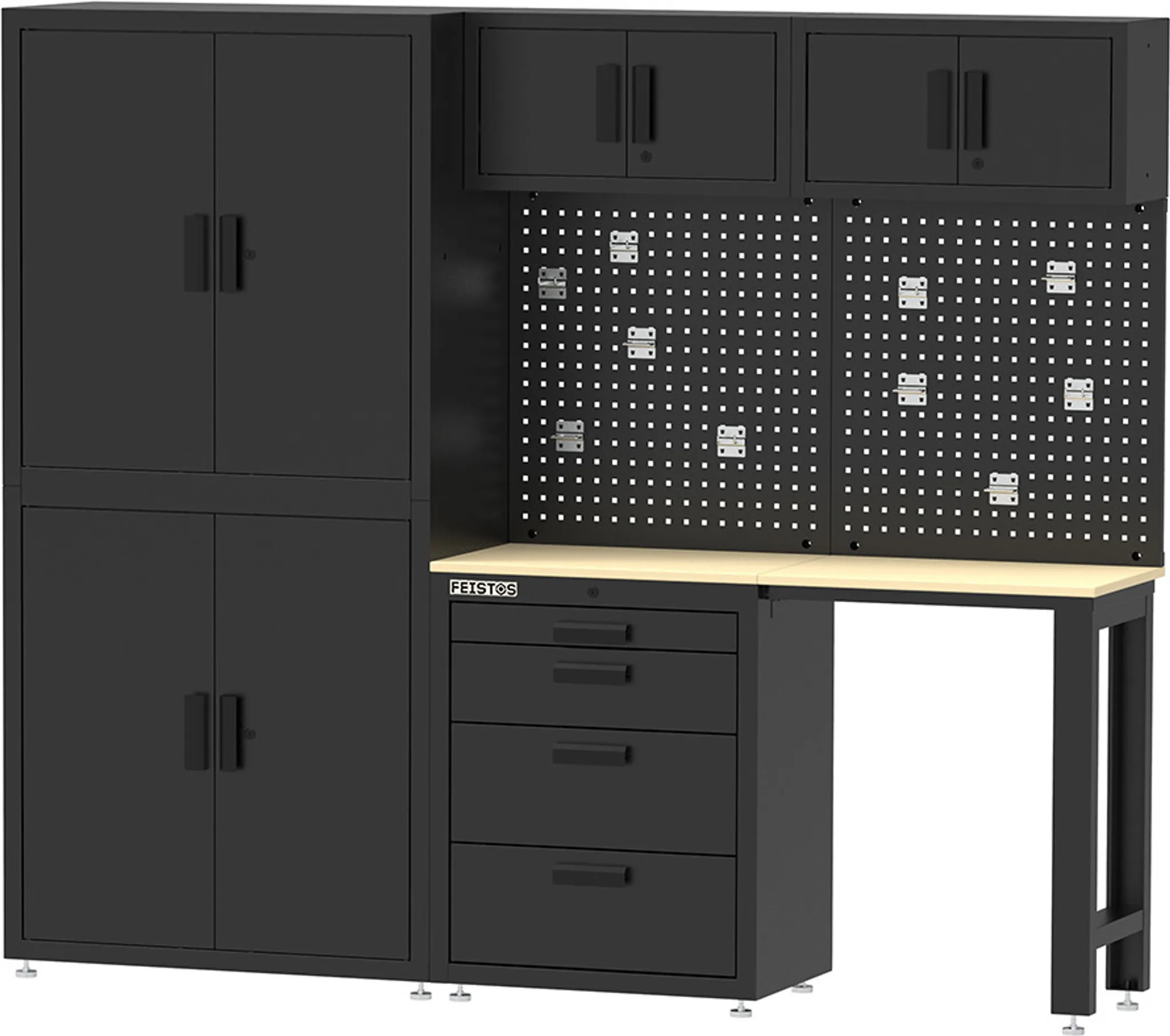 Produktbild von FEISTOS Werkzeugschrank Juno 11 – Inkl. Lochwand, 396x46x198 Cm, Schwarz/rot, Abschließbar, Modulares System, Stahl