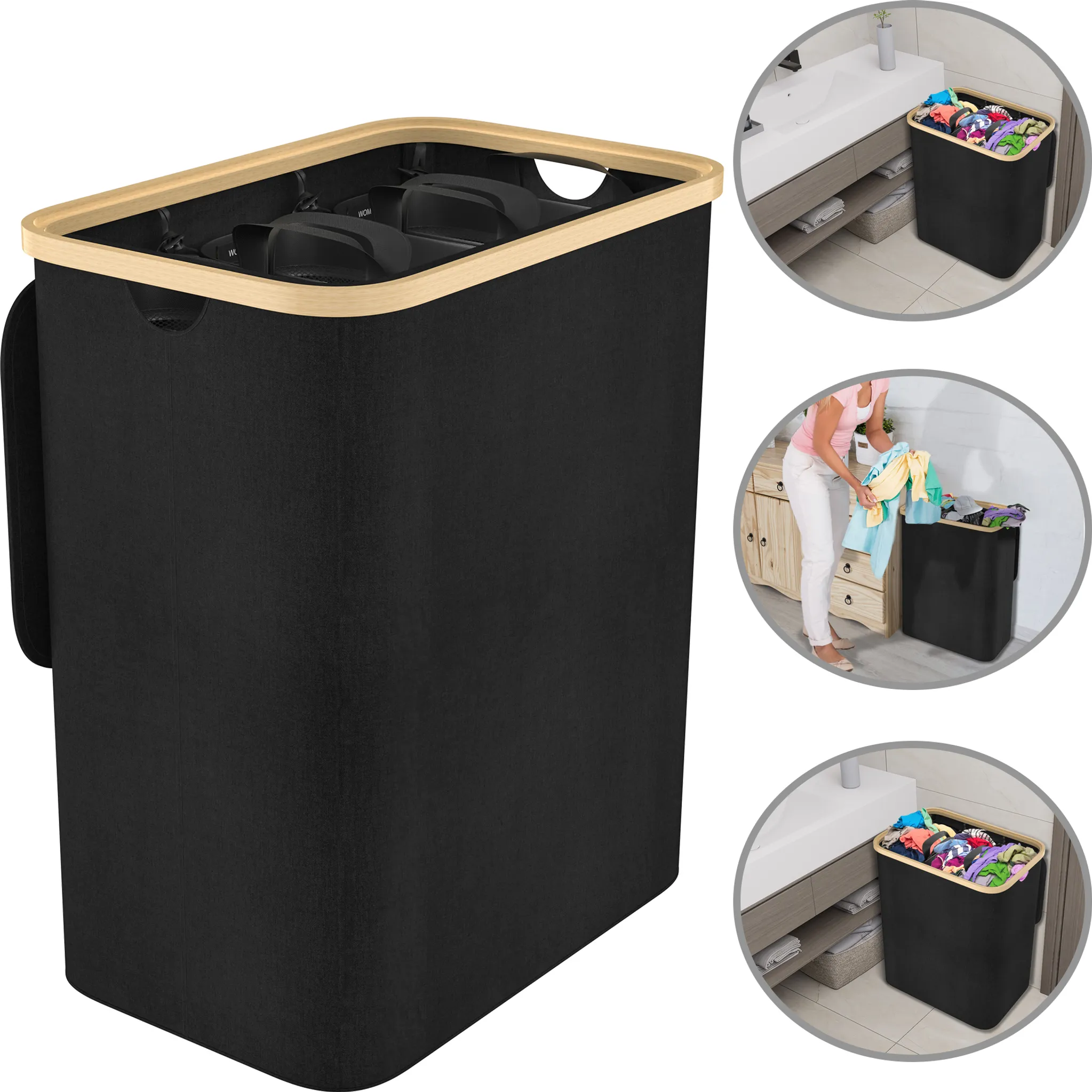XMTECH Wäschekorb 3 Fächer 140 L Schwarz