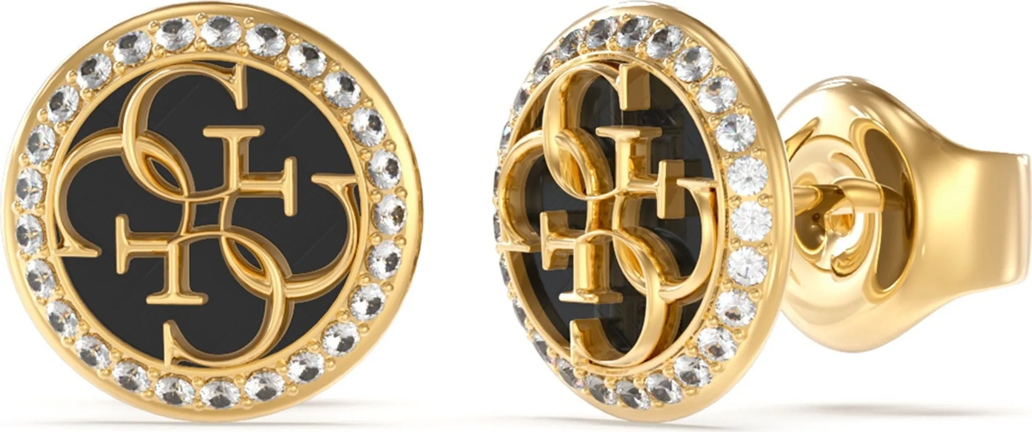 Guess Orecchini A Bottone Tiny Dancer - Acciaio Inox Placcato Oro - Cristalli E Logo - Diametro 10 Mm - JUBE04654JWYGT-U