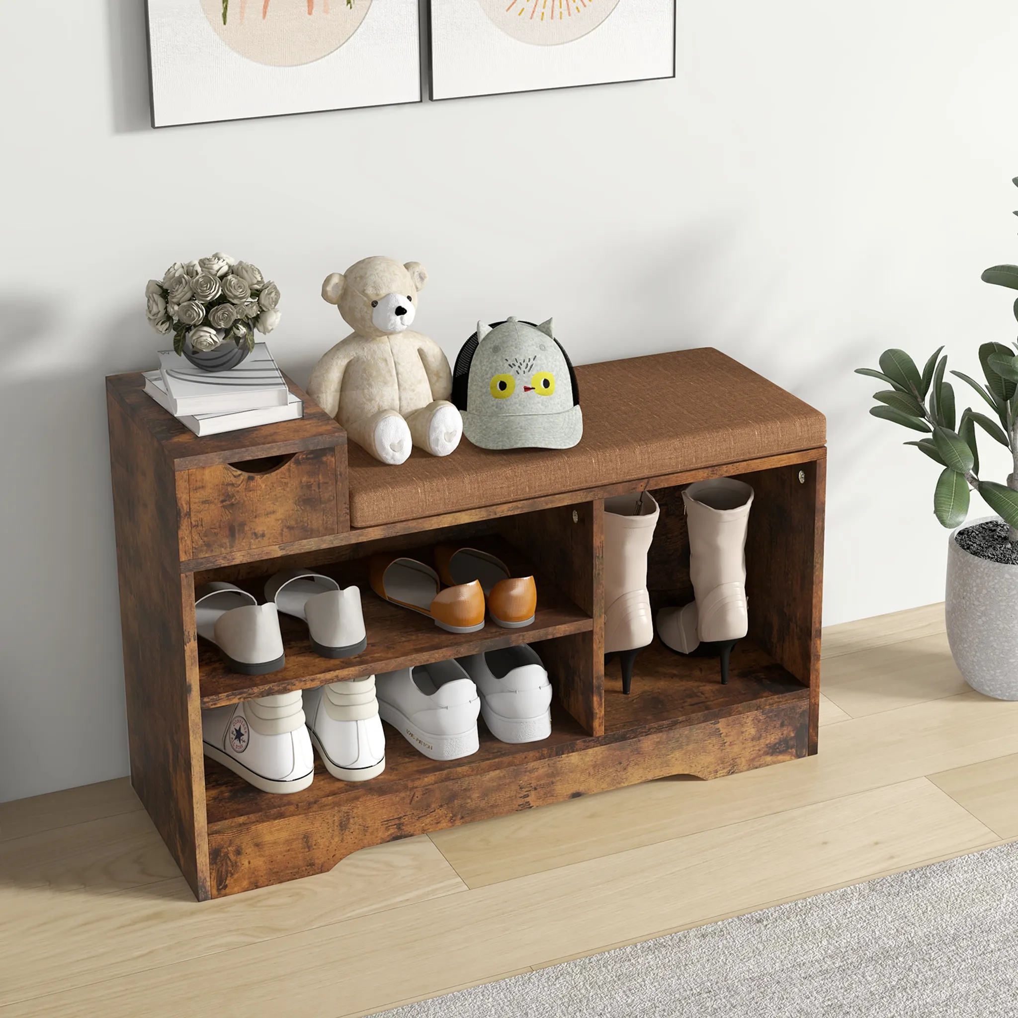 Schuhbank Mit Stauraum – Massivholz, 80 Cm, Mit Kissen, Braun