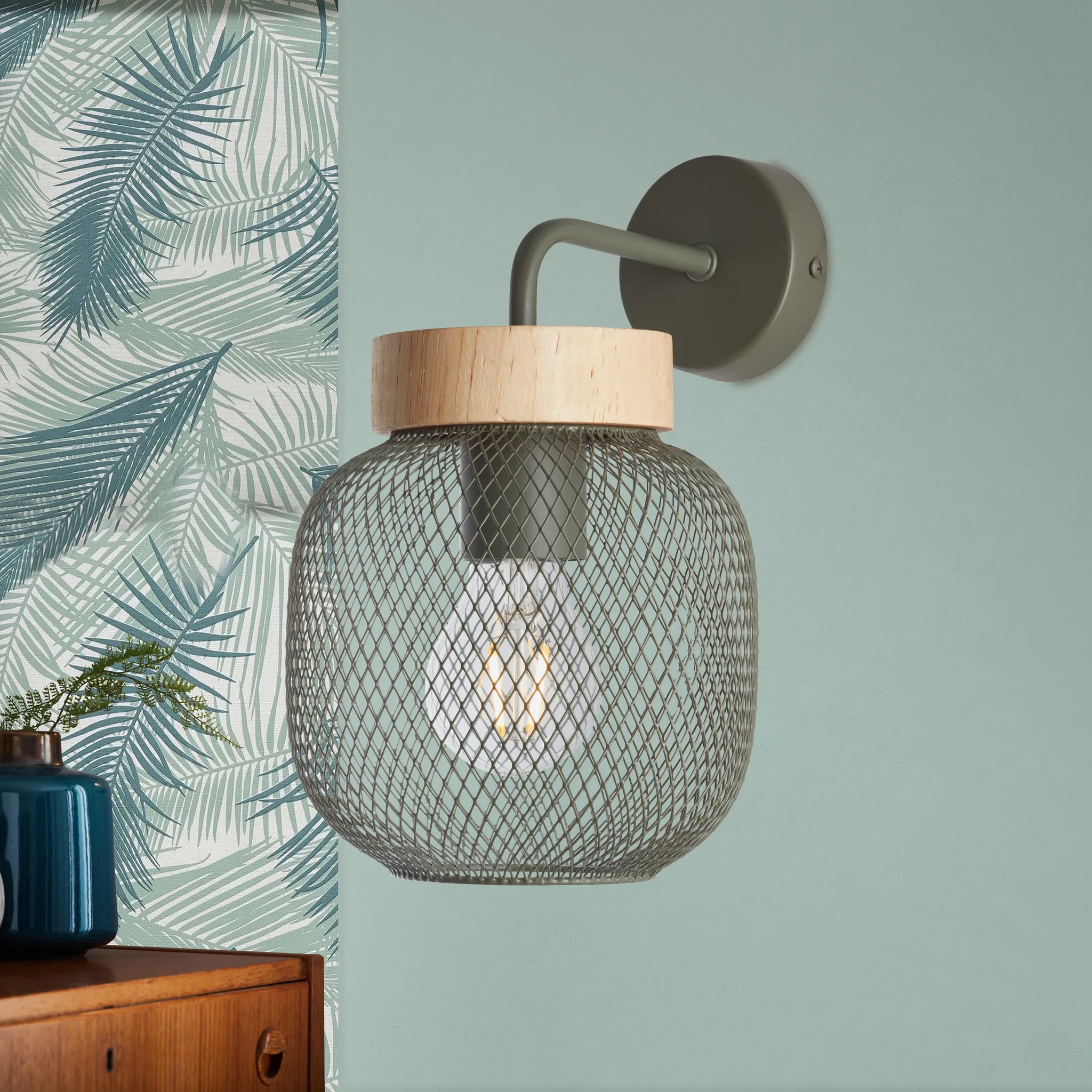 | Details max. E27 Wandleuchte | GIADA grüne BRILLIANT mit Fassung Wandlampe 40W Holz 1x