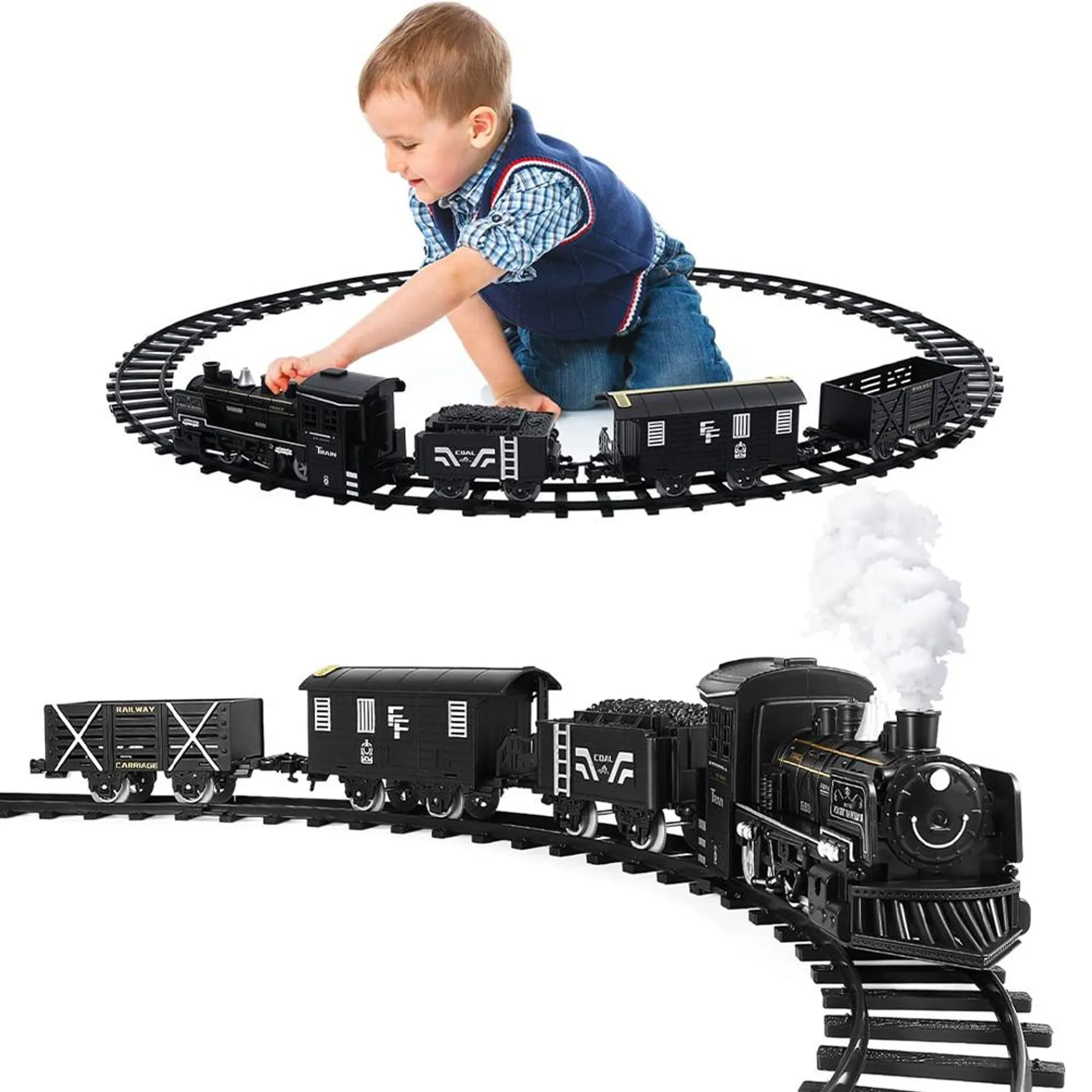 Train De Noël Électrique 22 Pièces – Télécommande, Vapeur, Lumières Et Sons – 3 Wagons – Batterie 3,7V – Cadeau Enfant