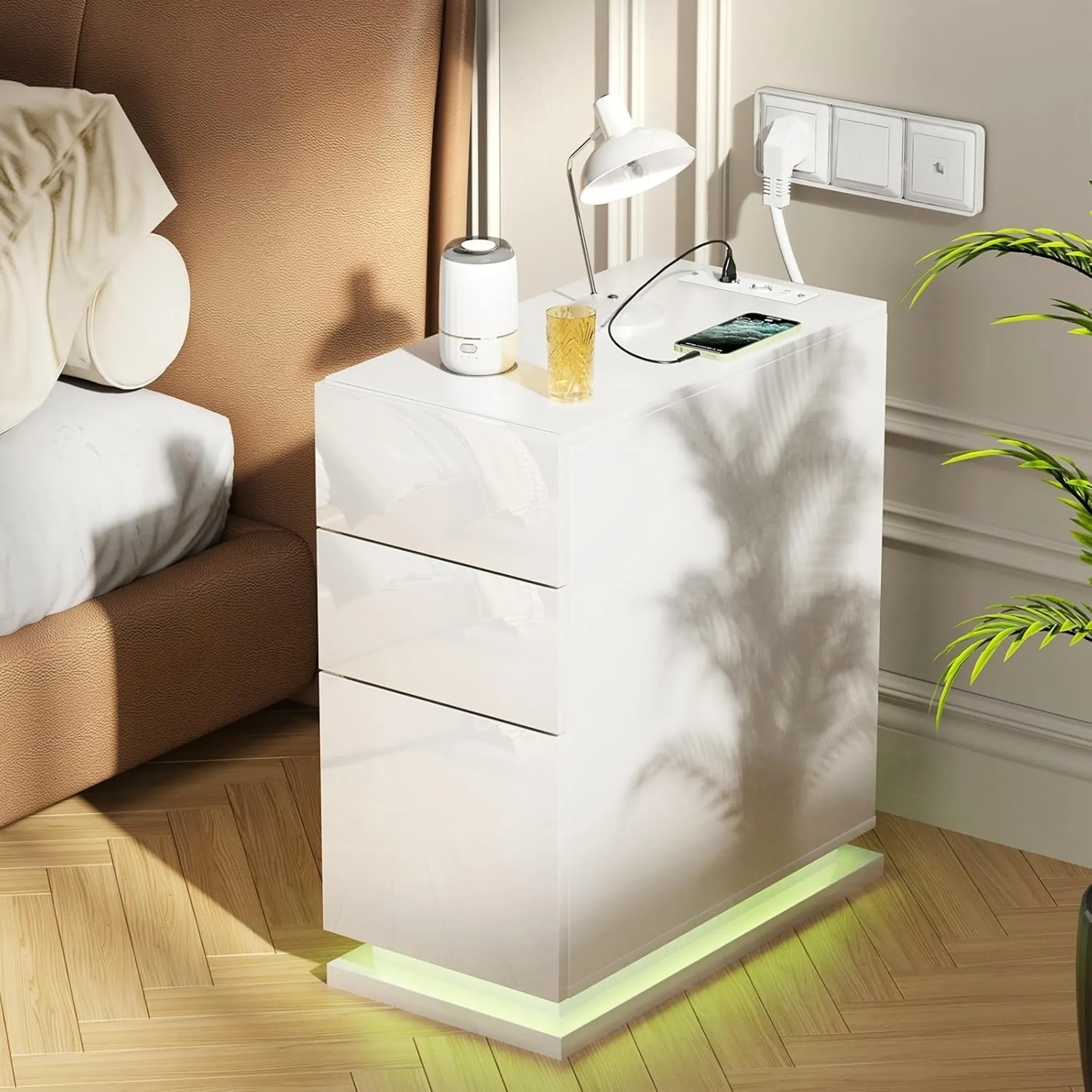 LED Nachttisch 30cm Breit,Nachttisch Schmal mit Steckdose &