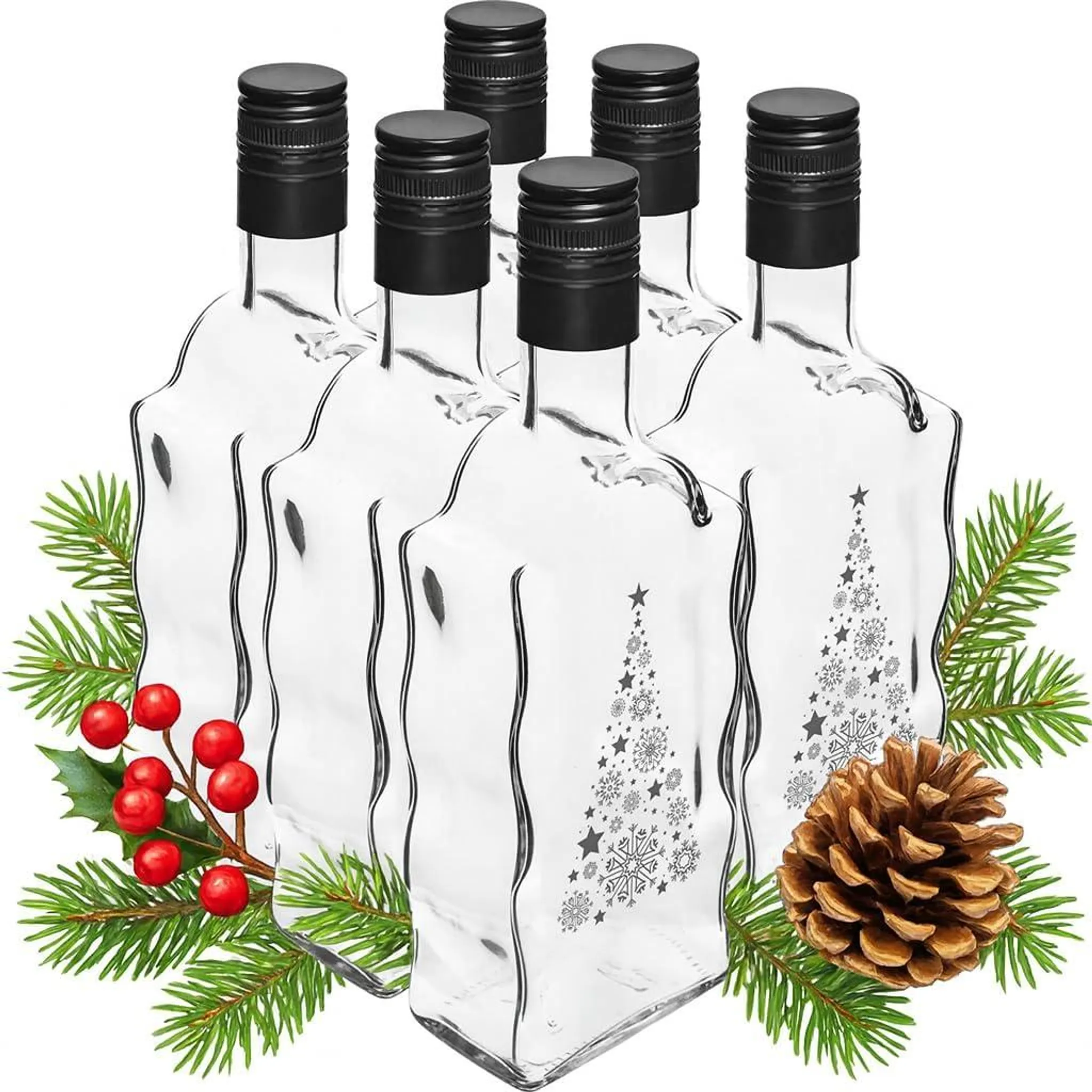 6x 500ml Weihnachtsflaschen,Tannenbaum,Schnapsflaschen, Weihnachtsgeschirr, Likörflaschen Geschenkflasche Weihnachten Flasche