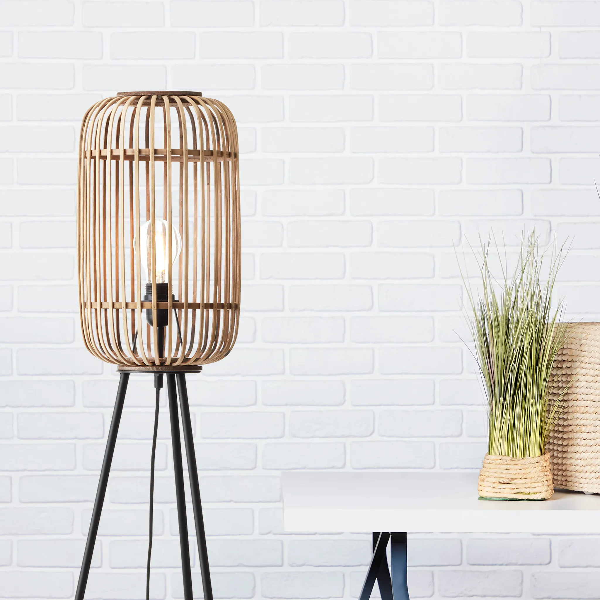 BRILLIANT Stehleuchte Bambus Metall | Standleuchte dekorative Woodrow hellbraun | Naturmaterial | mit schwarz