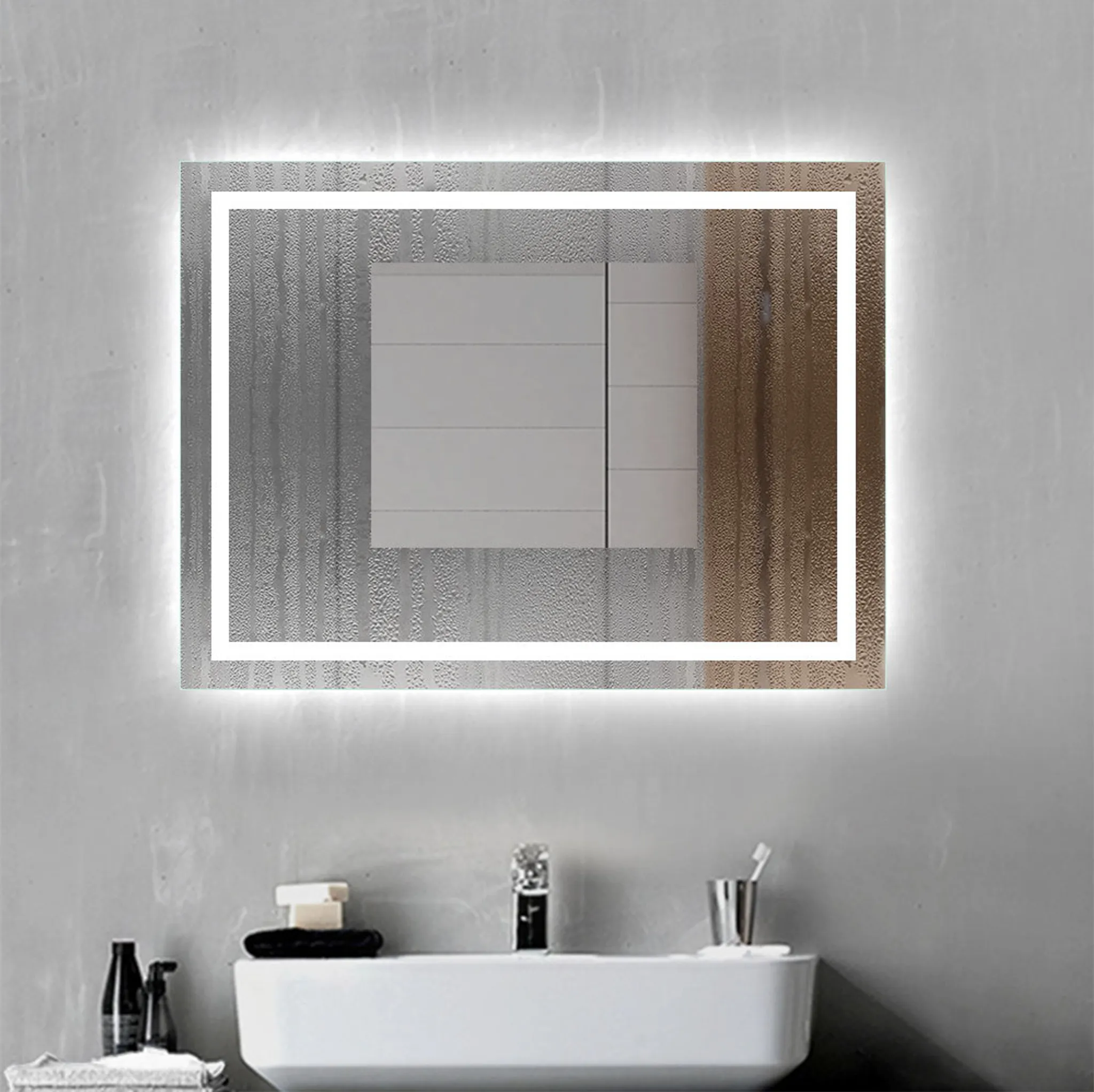 50 x 45 cm, 60 x 54 cm, 70 x 63 cm, 80 x 72 cm, 90 x 81 cm verlichte spiegel, led-badkamerspiegel, halfronde wandspiegel, 3-kleurig traploos dimbaar, geheugenfunctie, 3 ophangmethoden (kleur: down