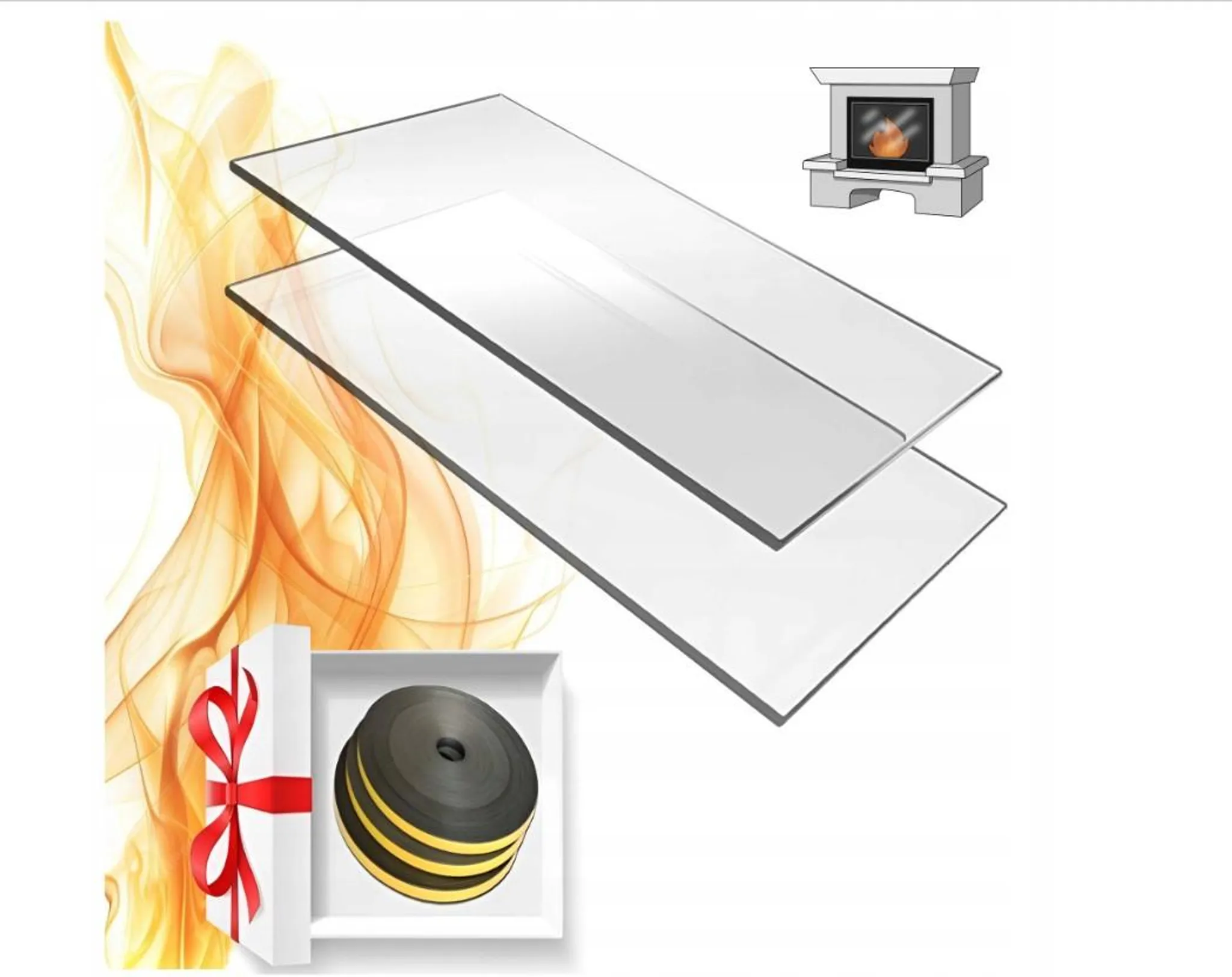 Vetro Per Camino 310x300 Mm Termoresistente Fino A 800°C – Spessore 4 Mm, Lucidato Su Entrambi I Lati, Con Nastro Antincendio Incluso