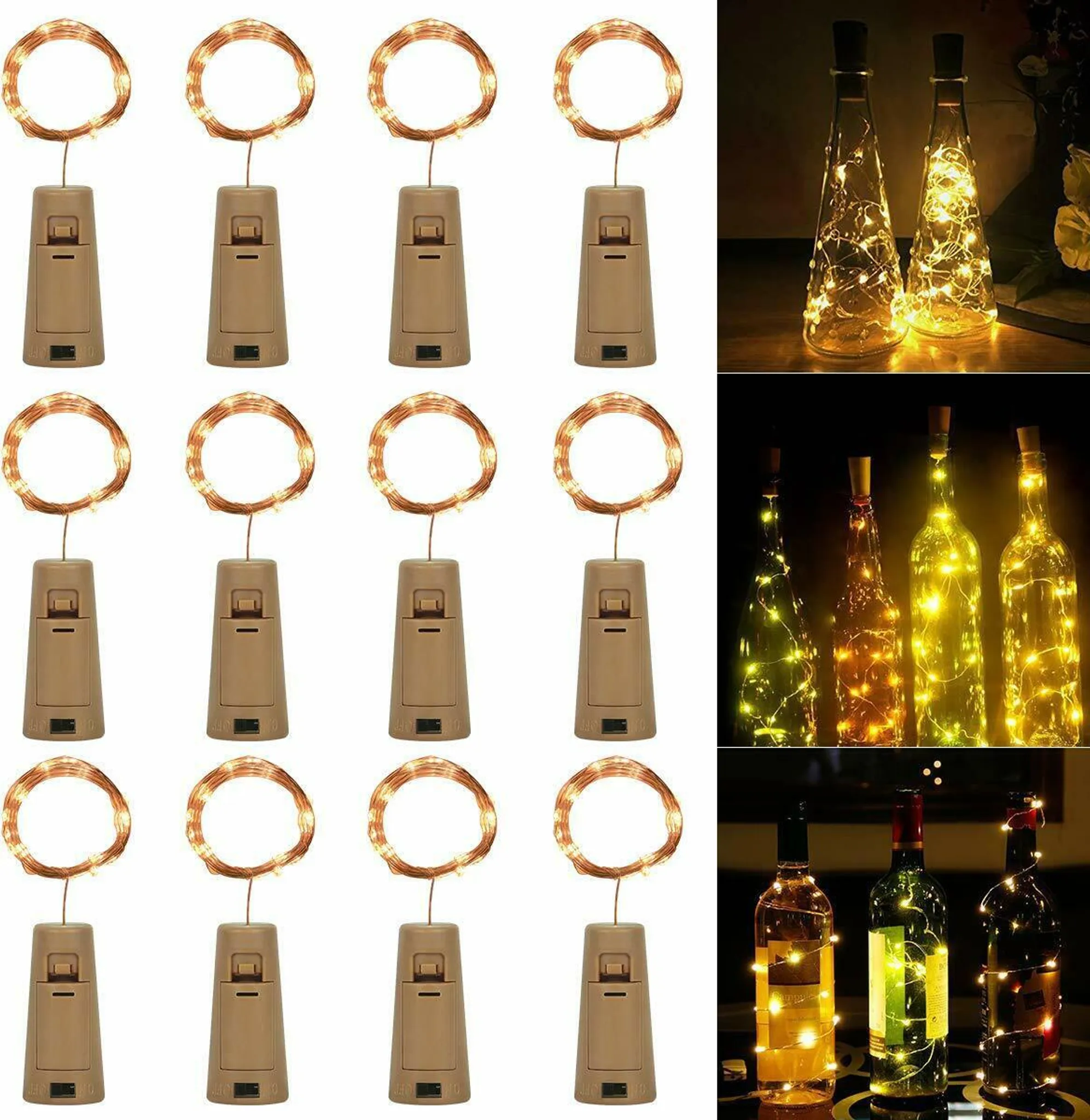 12 Stück Flaschenlichter Mit Korken – 2 M, 20 LED, Batteriebetrieben, Warmweiß | Für Weinflaschen, Deko, Hochzeit, Party