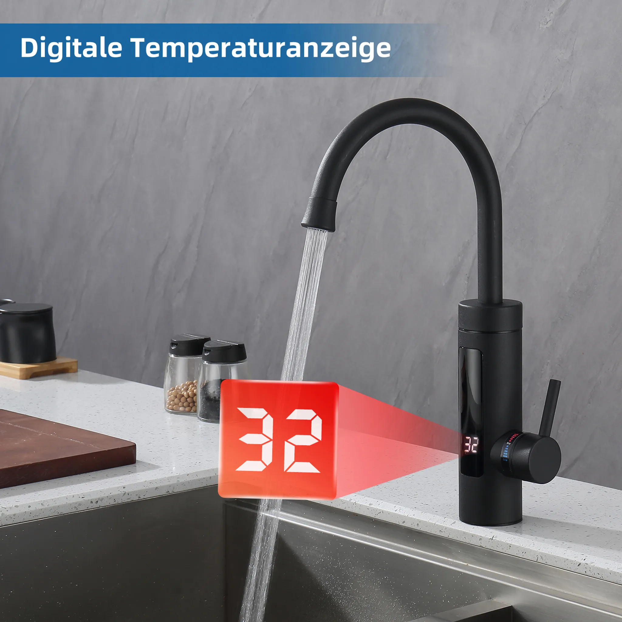 Rubinetto Bagno Con Display LED Temperatura - Monocomando, Ottone Nero, Bocca 130 Mm
