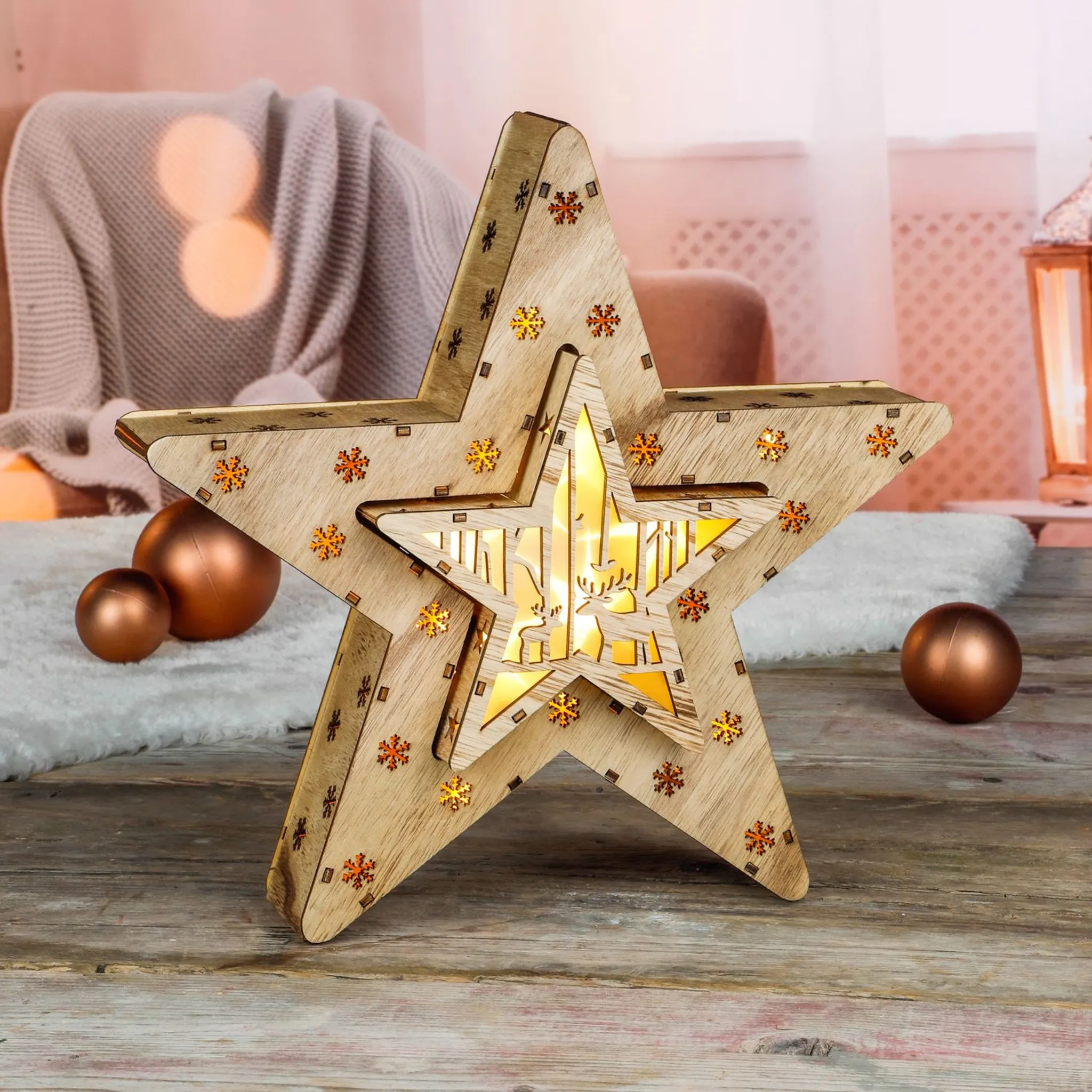 Weihnachts-Deko Holzsterne Stern Zwei aus LED