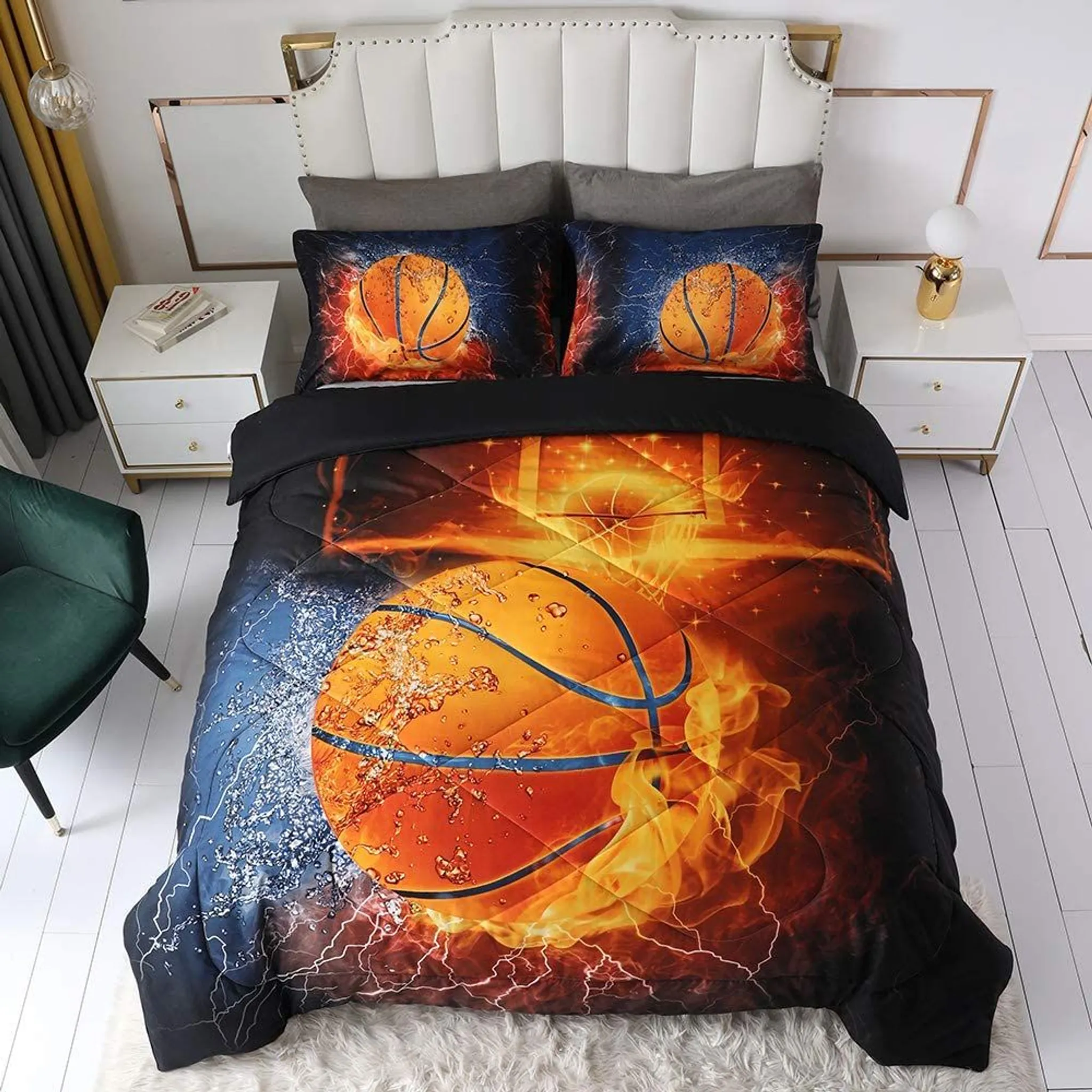 Heimbett 3D-Sport-Feuer-Basketball-Bettwäsche-Set für Teenager-Jungen,  Bettbezug-Sets mit Kissenbezügen, 200x135cm-Größe, 2 Stück, 1 Bettbezug + 1  Kissenbezüge