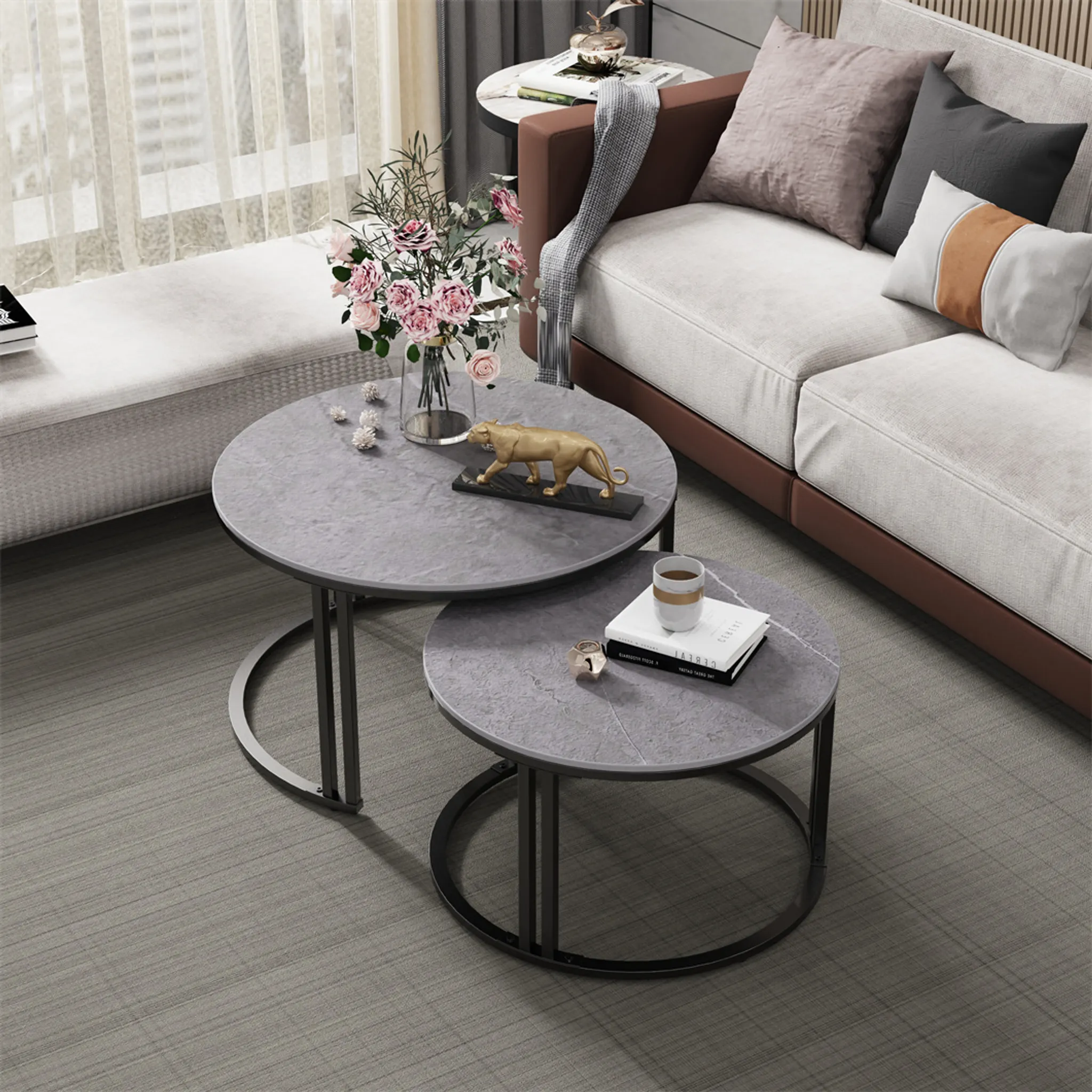 WISFOR Couchtisch 2er Set Gesinterter Stein Rund Dunkelgrau
