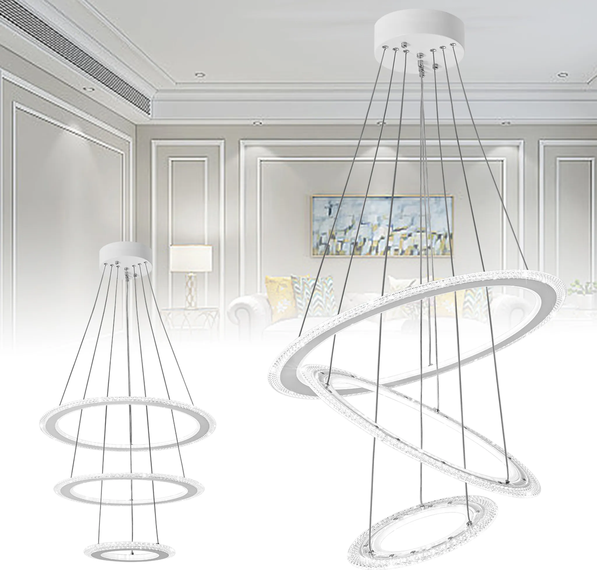 UISEBRT Lustre LED 48W Dimmable Trois Anneaux Cristal - Design Moderne Réglable Hauteur Salon Et Salle à Manger Blanc Froid