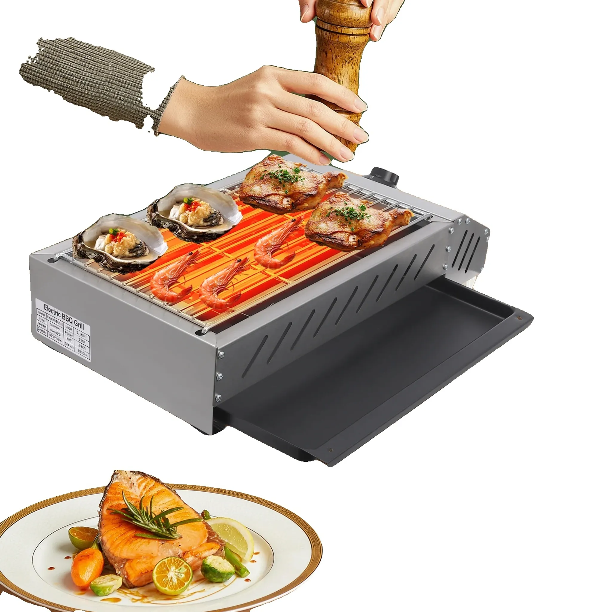 Barbecue Elettrico Da Tavolo - Piastra Teppanyaki Antiaderente - Nero 24/27/28cm
