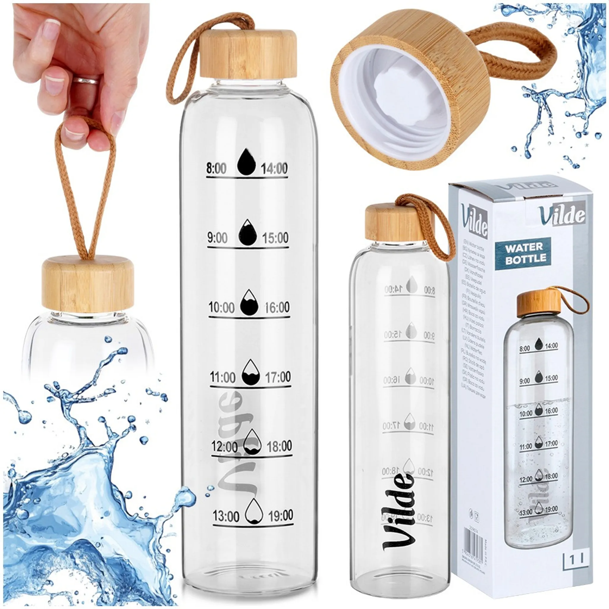 Gourde En Verre Aquafloow 1 Litre - Avec Horaire D'Hydratation & Bouchon Bambou - Sans BPA - Pour Sport, Bureau