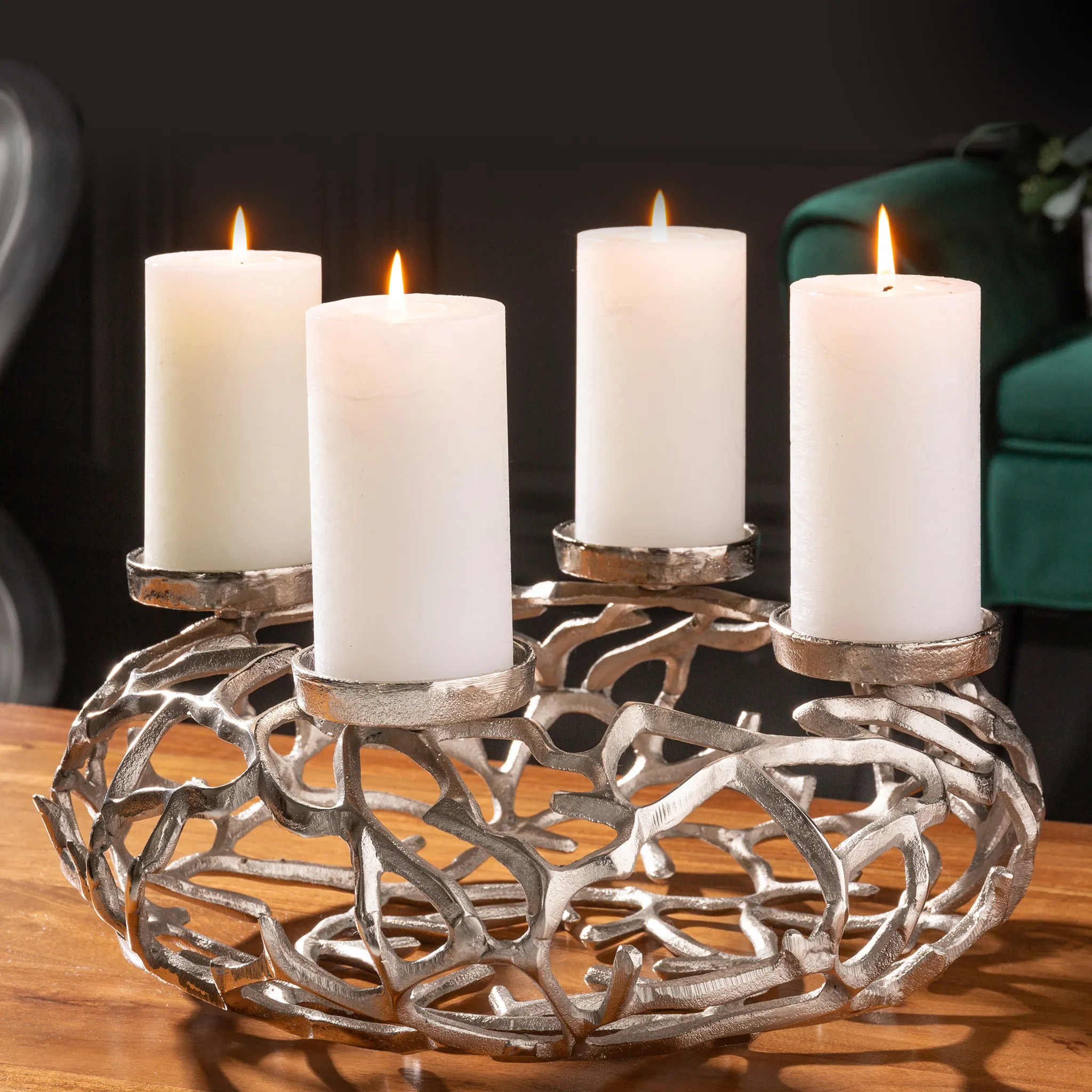4 Kerzenhalter Eleganter aus ABSTRACT silber Ästen für Kerzen 38cm Kranz