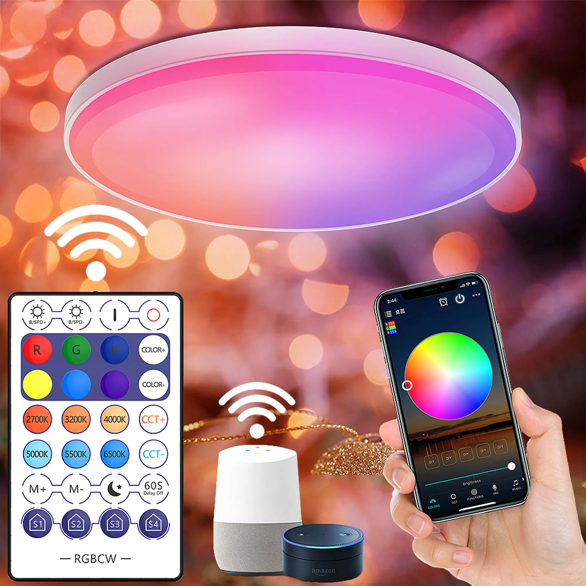 48W Led Deckenleuchte Weiß Smart RGB Dimmbar Deckenlampe Mit Fernbedienung  Bluetooth WIFI Alexa Wohnzimmer Schlafzimmer